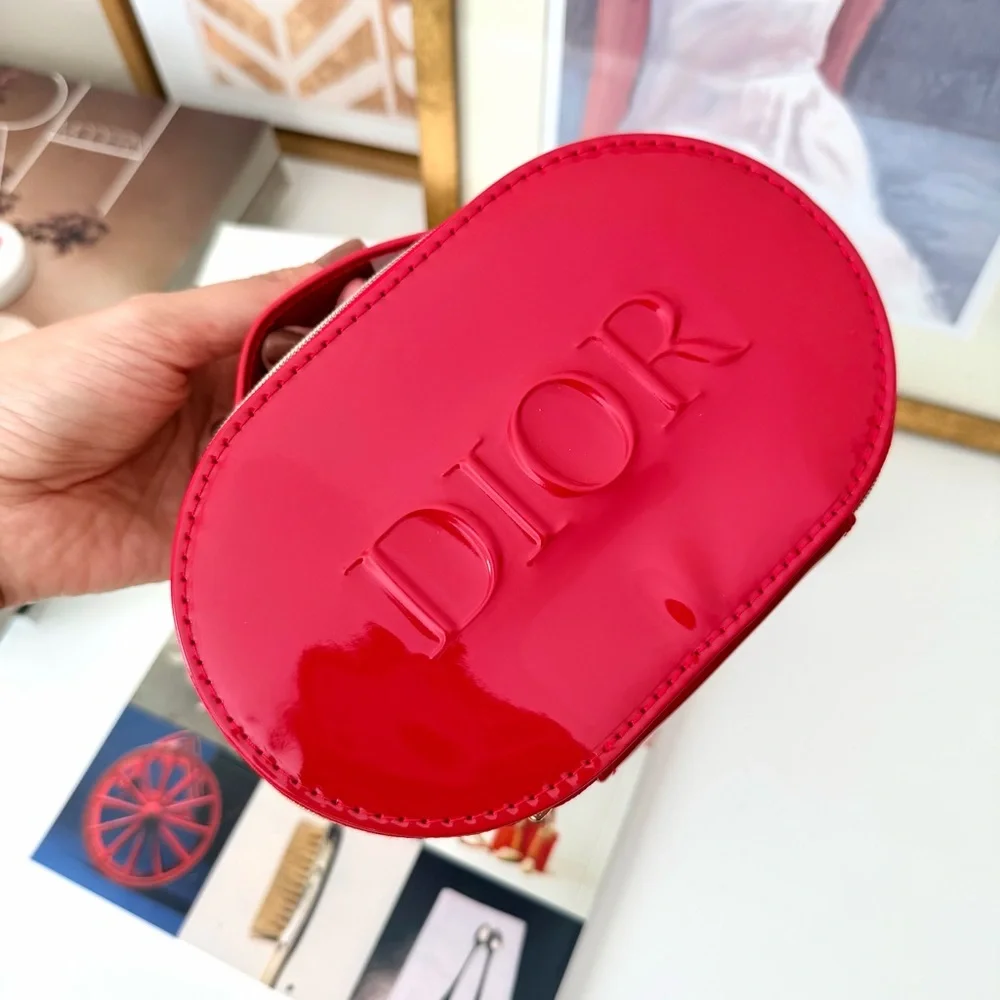 Dior Red Glossy Oval Zip Cosmetic Clutch‎ Bag Logo Pouch